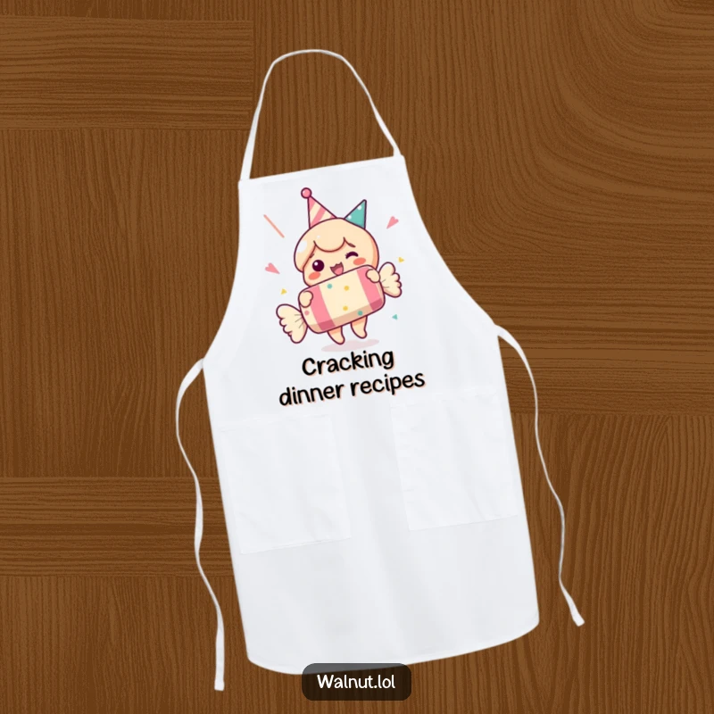 Funny apron of a character popping a party cracker. Practical and humorous for kitchen use. Gift.