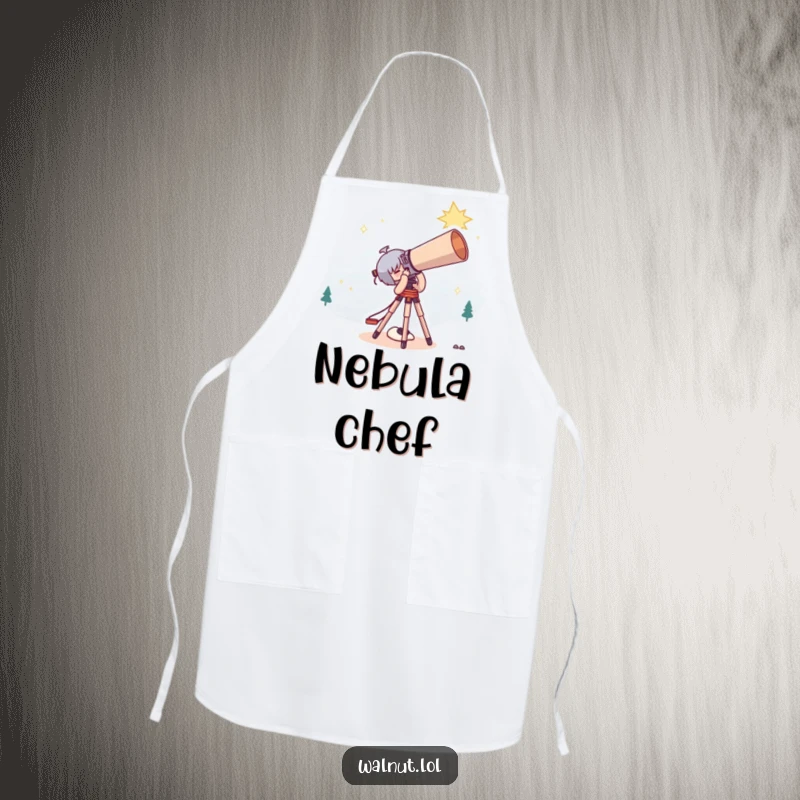 Funny Apron showing a cute character using a giant telescope to stargaze, perfect for kitchen exploration and humor.