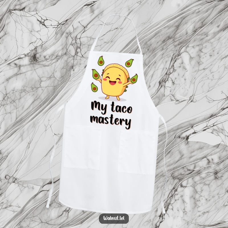 Funny Taco Apron: A smiling taco character energetically juggling avocados, perfect for a funny chef's kitchen.