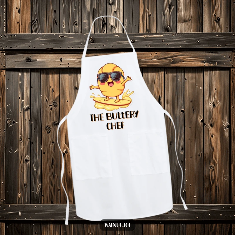 Funny joyful croissant character, sunglasses, surfing on butter ripple, breakfast humor, beach vibe, kitchen funny apron.
