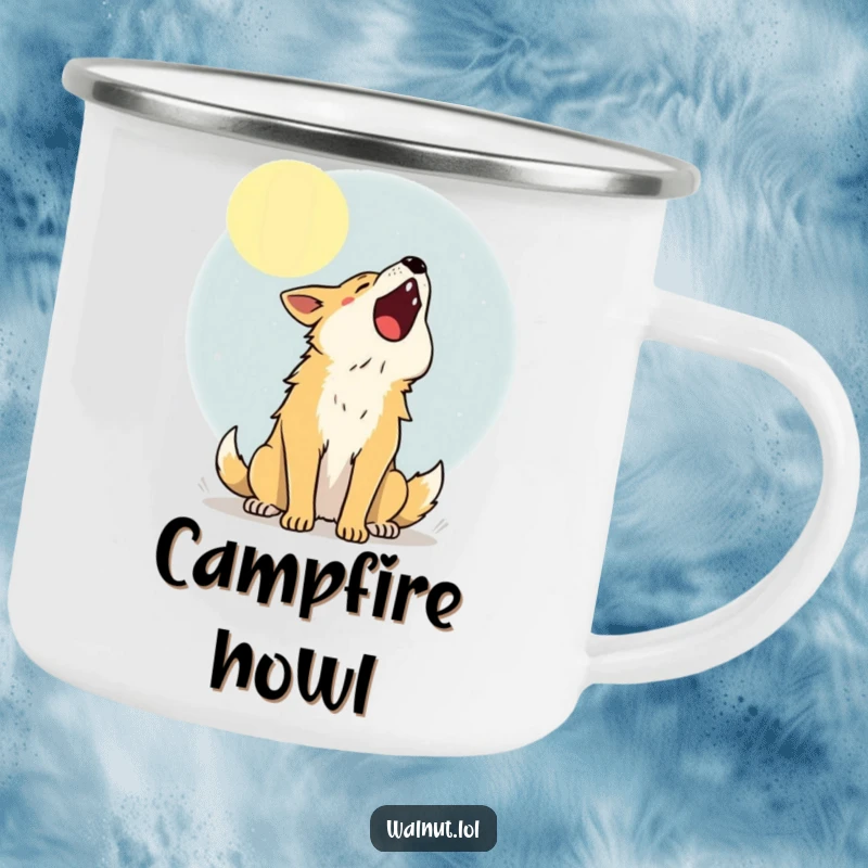 Funny Camping Mug featuring a happy dog howling at the moon, perfect for enjoying drinks outdoors at night.