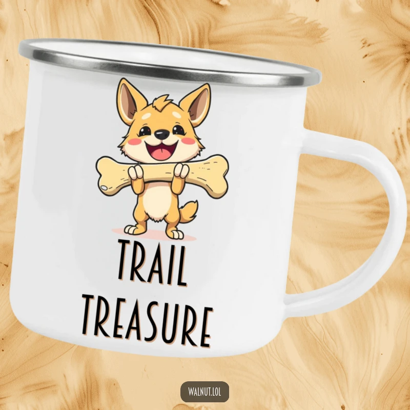 Funny Camping Mug featuring a happy dog triumphantly carrying a giant bone, perfect for enjoying drinks outdoors.