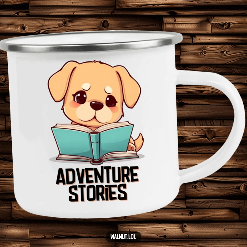 Funny dog camping mug featuring a dog reading a book intently, perfect for campers who love books, funny gift.