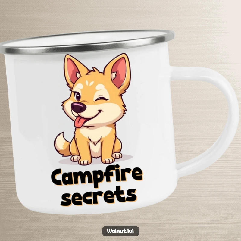 Funny dog camping mug featuring a wild dog giving a mischievous wink, perfect for adding humor to any outdoor setting.