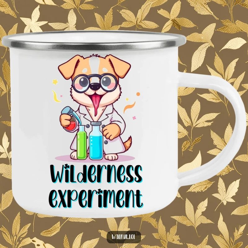 Funny lab coat dog camping mug with a dog scientist mixing potions, perfect for outdoor brews and scientific contemplation.