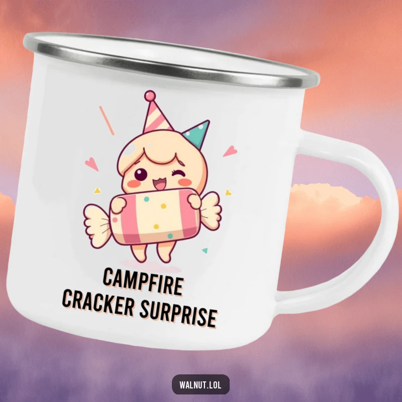 Funny camping mug of a character popping a party cracker. Durable and humorous for outdoor celebrations. Great gift.