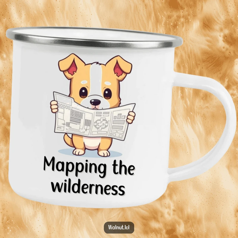 Funny camping mug featuring a dog holding a complex blueprint with a curious expression, perfect for outdoor adventures and design inspiration.