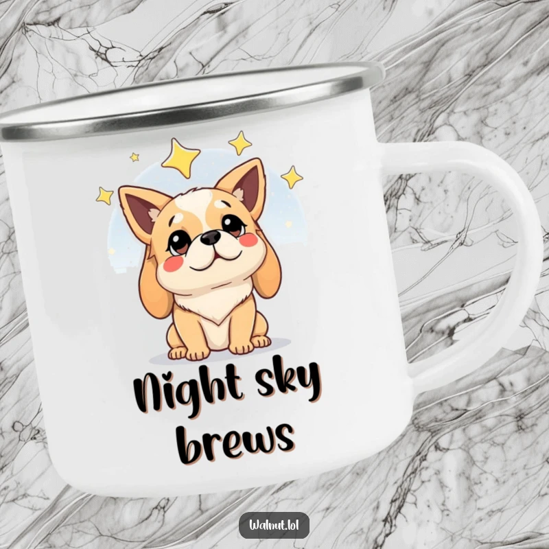 Funny camping mug with a dog looking wisely at a starry night sky, perfect for enjoying drinks outdoors.