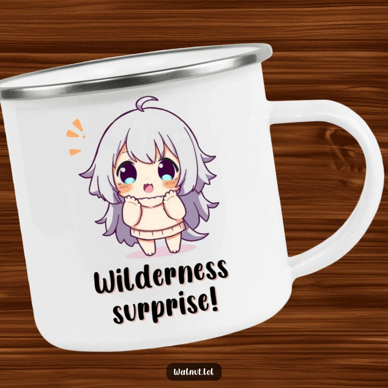 Funny enamel camping mug with a character striking a playful, surprised pose, ideal for outdoor use with humor.