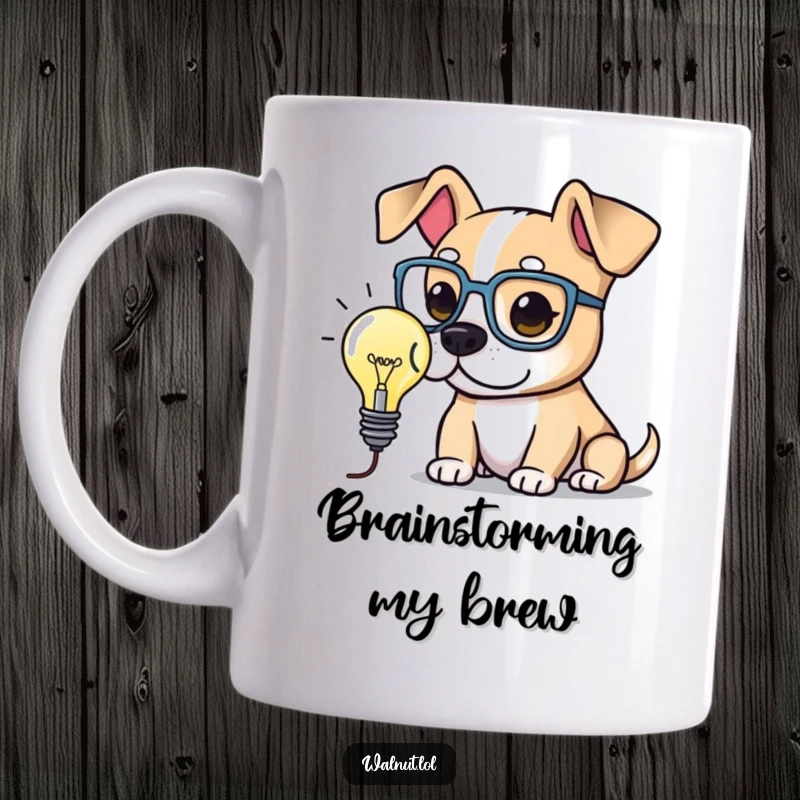 Funny Mug featuring an intelligent dog wearing large spectacles, pondering a glowing lightbulb. Symbolizes bright ideas and thinking.