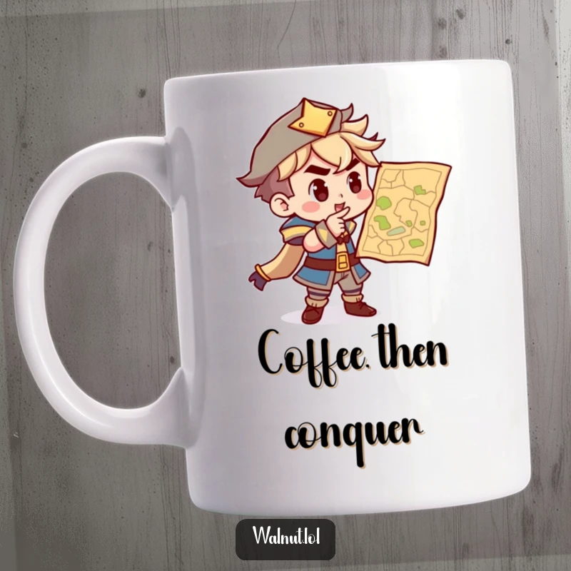 Funny mug showing a determined character intensely pointing at a map, ready for adventure and exploration with a focused expression.