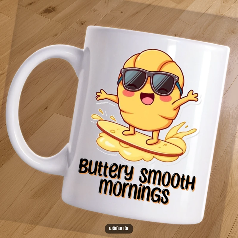 Funny joyful croissant character, sunglasses, surfing on butter ripple, breakfast humor, beach vibe, cool pastry.
