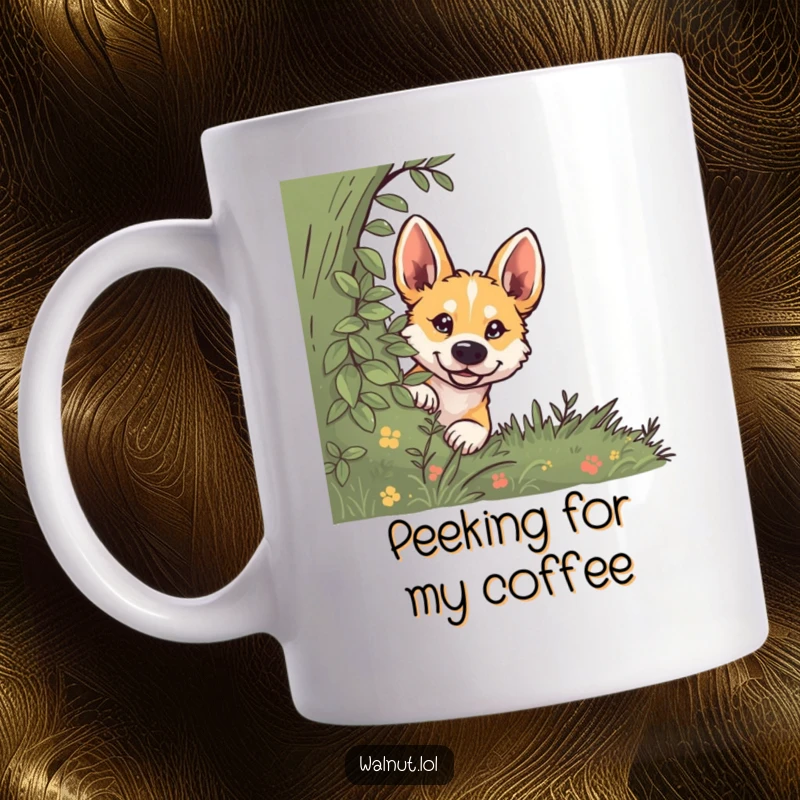 Funny dog mug showing a wild dog peeking out from behind a lush green bush with curious eyes.