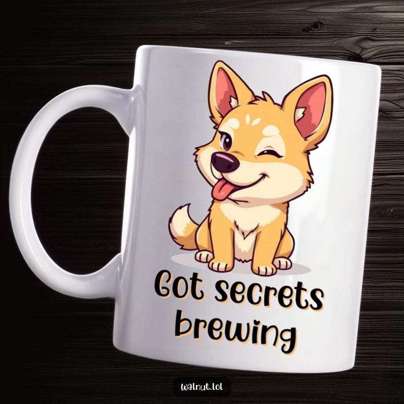 Funny dog mug showing a charming wild dog giving a playful and mischievous wink, exuding cheeky confidence.