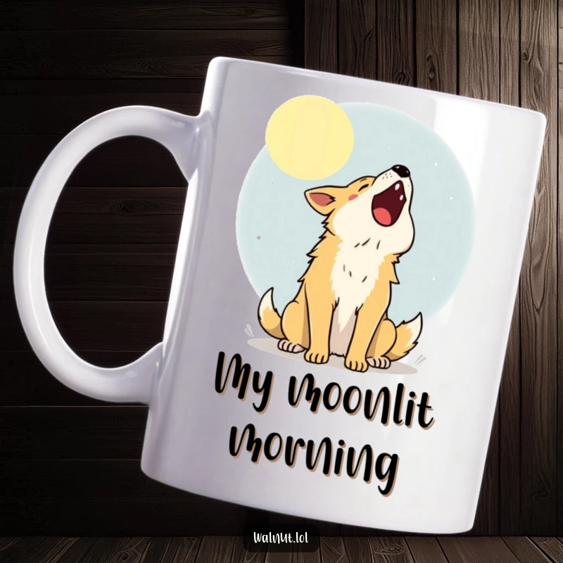 Funny Mug showing a happy wild dog howling with pure joy at a big, bright moon in the night sky.