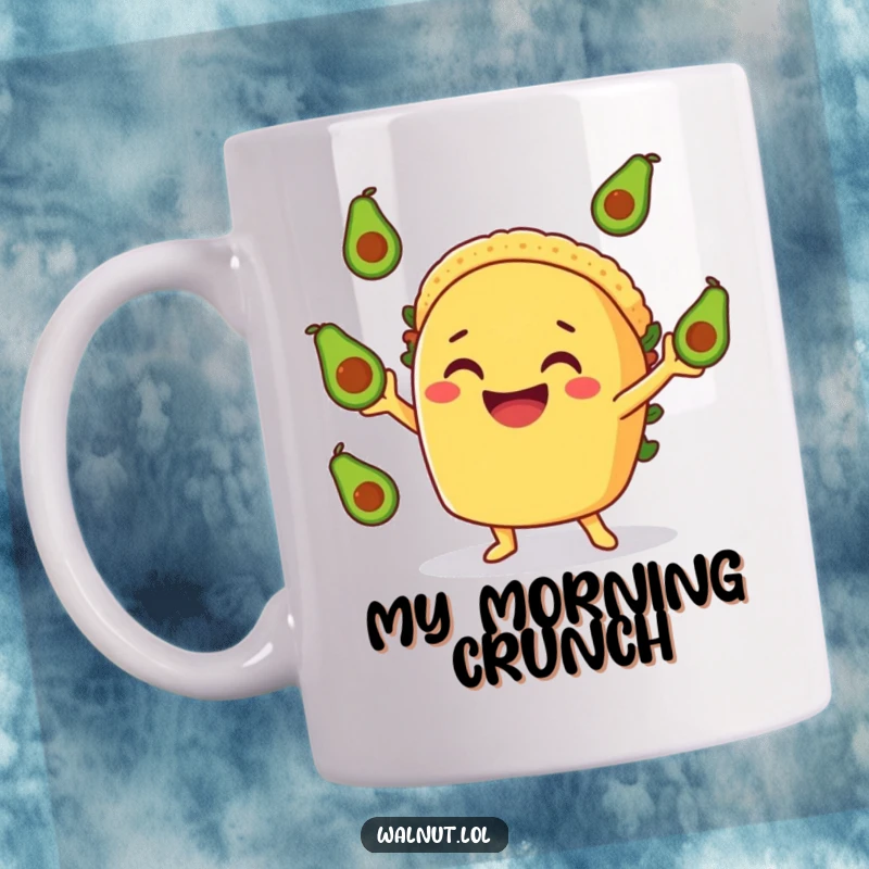 Funny Taco Juggler Mug: A smiling taco character gleefully juggling three tiny avocados, full of food-themed fun.