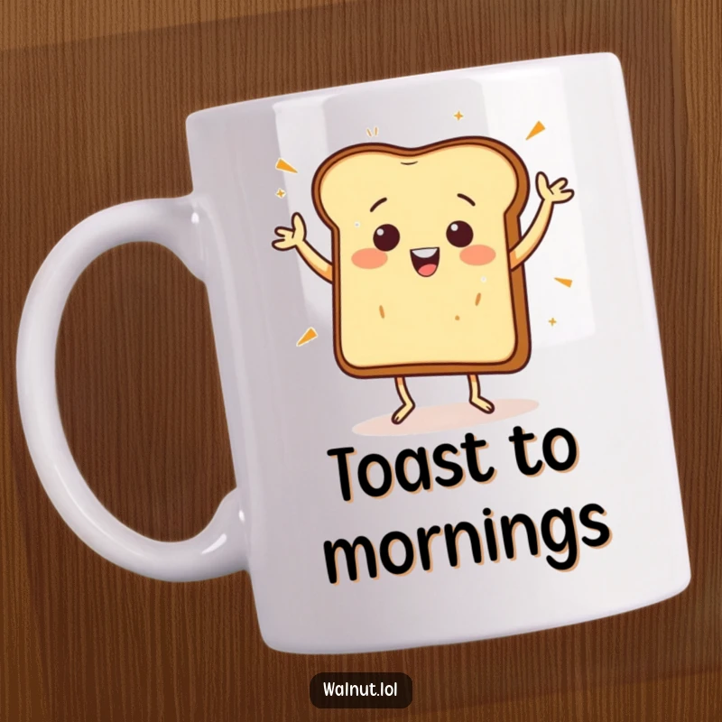 Funny Mug: A happy piece of toast joyfully performs a celebratory jig, radiating warm, delicious, and humorous energy.