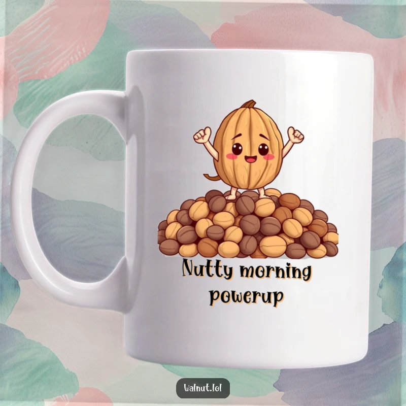 Funny coffee mug with a brave walnut character striking a heroic pose on a mountain of nuts, ready for action.