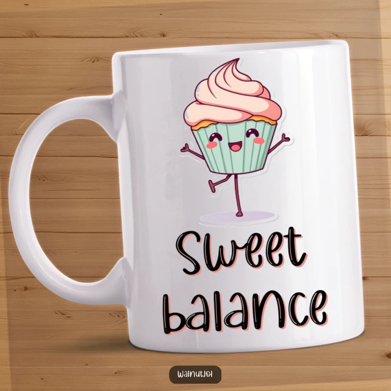 Funny Mug: A cheerful cupcake character hilariously balances on one leg, radiating sweet joy and playful stability.