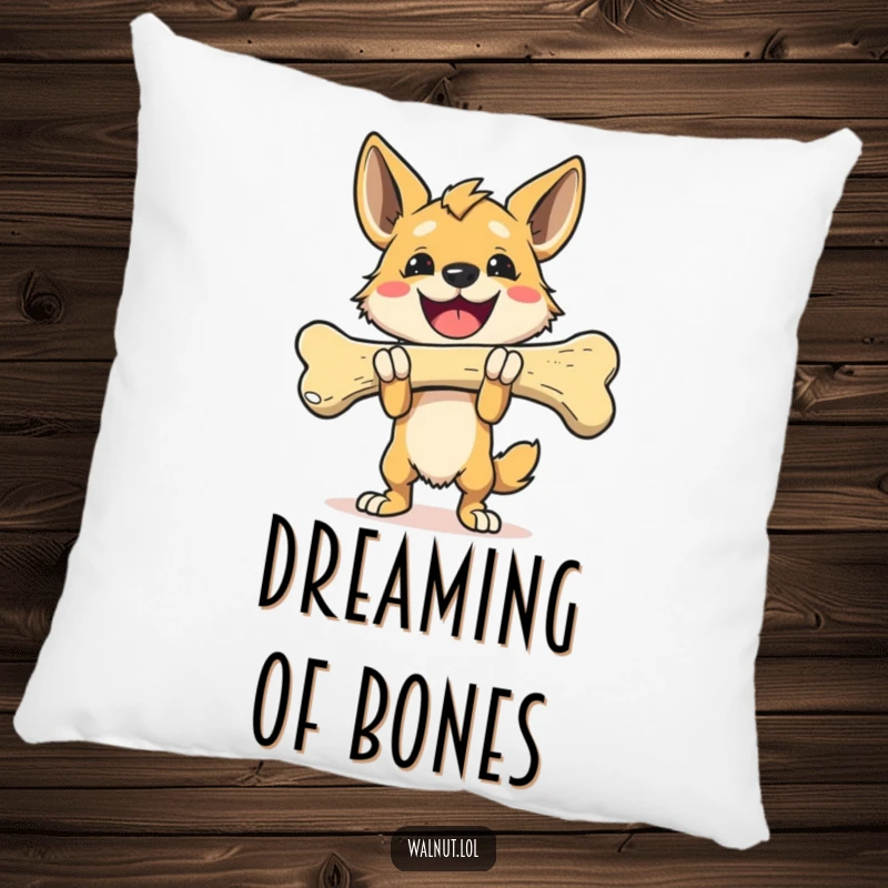 Funny Pillow featuring a happy dog triumphantly carrying a giant bone, perfect for cozy celebrations and decor.