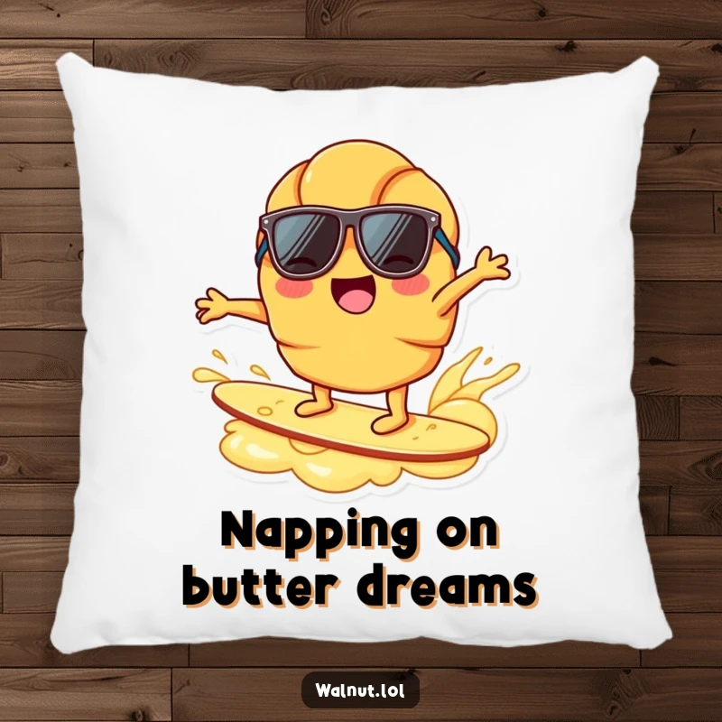 Funny joyful croissant character, sunglasses, surfing on butter ripple, breakfast humor, beach vibe, decorative funny pillow.