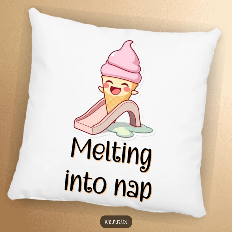 Funny pillow with a laughing ice cream cone character melting on a slide, offering a soft and humorous decorative accent.