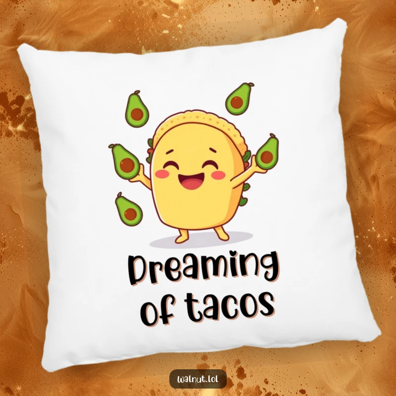 Funny Taco Pillow: A smiling taco character gleefully juggling avocados, offering cozy and funny foodie comfort.