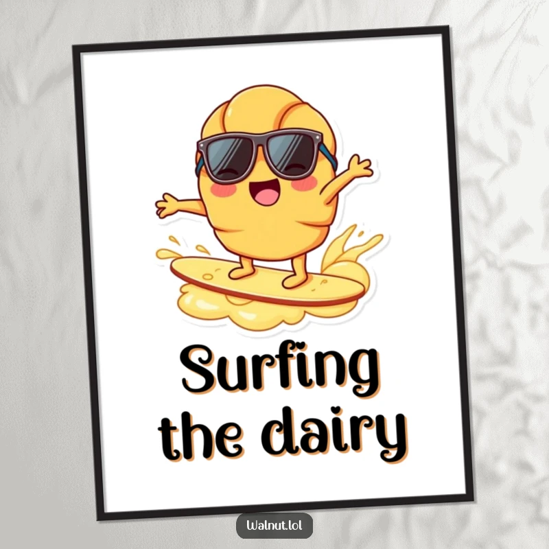 Funny joyful croissant character, sunglasses, surfing on butter ripple, breakfast humor, beach vibe, printable wall art funny gift.