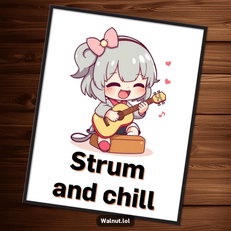 Funny digital art print of a character passionately playing a small guitar, perfect for adding a splash of music and humor to any room.