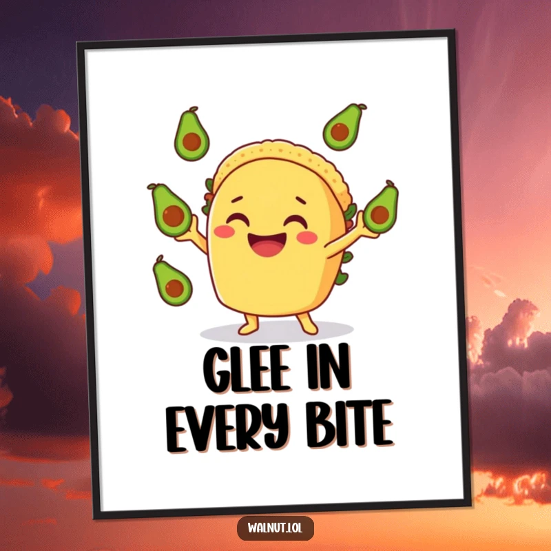 Funny Taco Art Print: A smiling taco character energetically juggling avocados, perfect for instant funny digital decor.