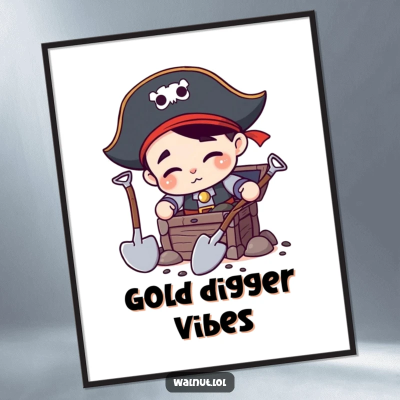 Funny Pirate Digging Digital Print: Eager pirate character utilizing two shovels to dig for a treasure chest, perfect for instant adventurous decor.