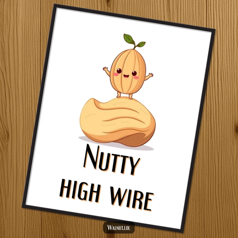 Funny Digital Art Print of a smiling walnut character precariously balanced on a giant cashew, perfect for instant humor.