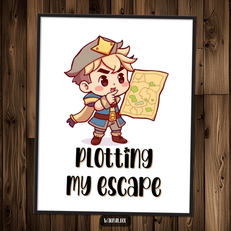 Funny digital art print of a determined character pointing at a map, perfect for inspiring adventure and adding a humorous touch to decor.