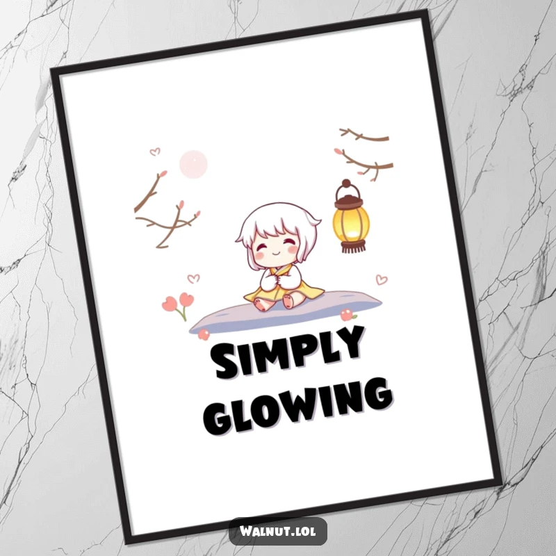 Funny digital art print of a joyful character happily sitting beside a twinkling lantern, bringing warmth, peace, and humor to your decor.