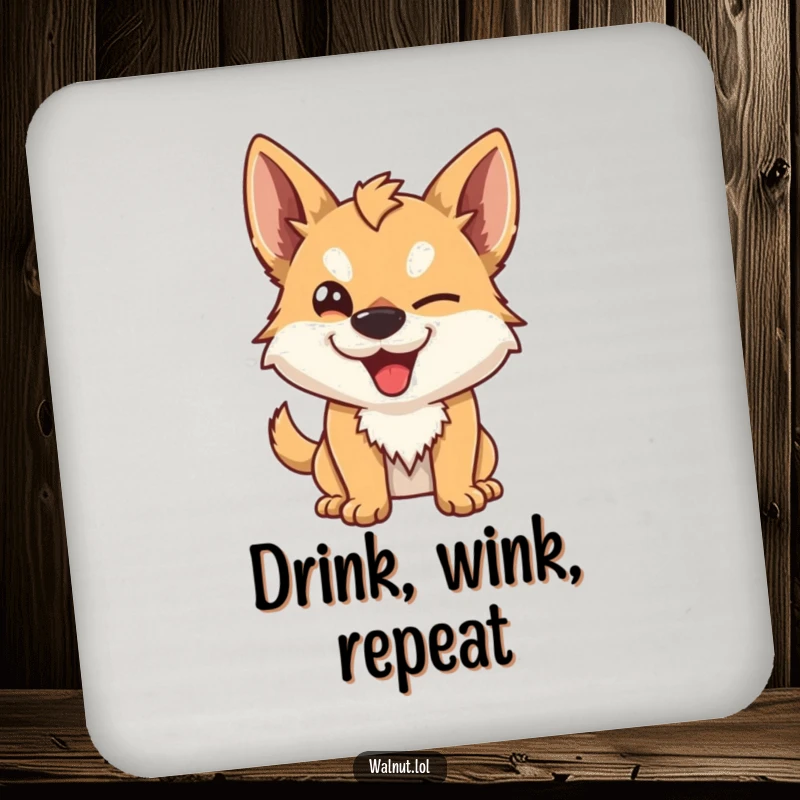 Funny Drink Coaster featuring a wild dog giving a mischievous wink. Adds a touch of humor and protection to your table.