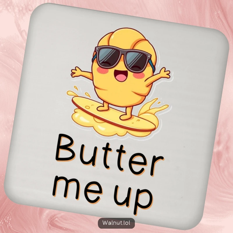 Funny joyful croissant character, sunglasses, surfing on butter ripple, breakfast humor, beach vibe, drink coaster funny decor.