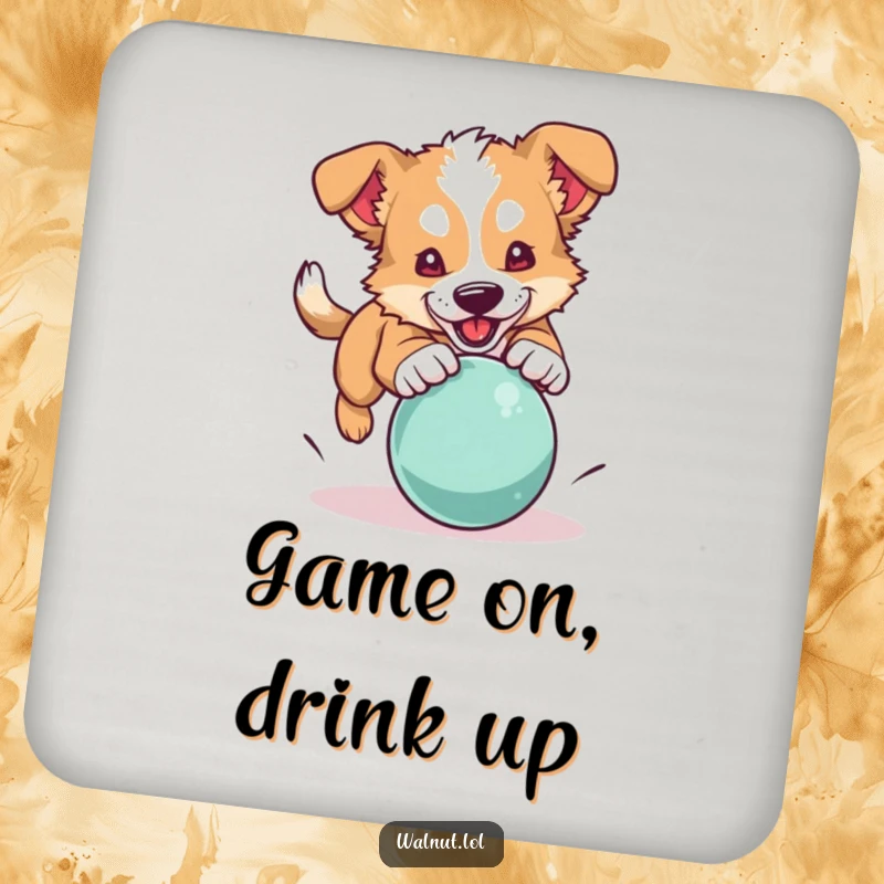 Funny dog coasters depicting a wild dog pouncing on a bouncing ball, adding playful charm to any surface.