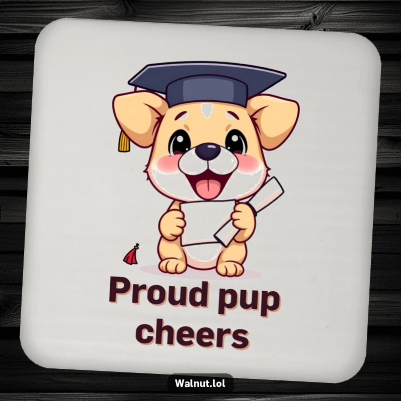 Funny graduation dog coaster showing a proud pup with a diploma, adding humor and protection to drink surfaces.