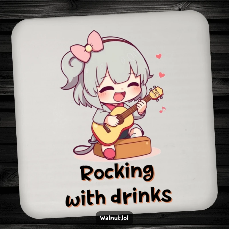 Funny drink coaster featuring a character playing a small guitar, adding a musical and humorous touch to protect furniture from spills.