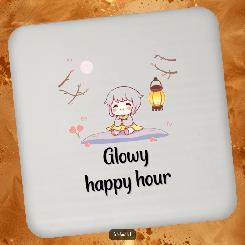 Funny drink coaster featuring a happy character by a twinkling lantern, perfect for protecting surfaces with a touch of warm, gentle light.