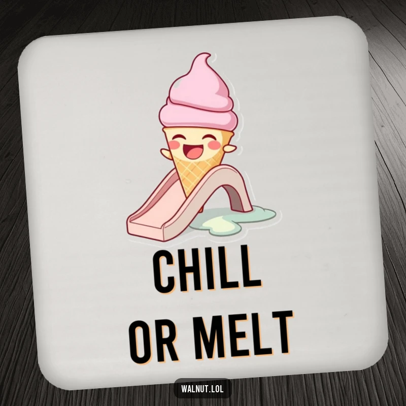 Funny drink coasters showing a laughing ice cream cone character melting on a slide, protecting furniture with a humorous design.