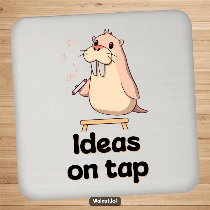 Funny walrus character artistically sketching ideas on a whiteboard, featured on a protective and humorous drink coaster.