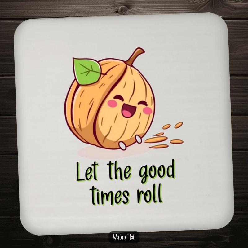 Funny drink coaster featuring a walnut character comically rolling downhill, protecting surfaces with humor.