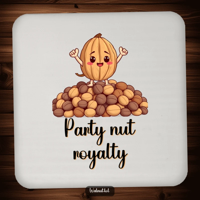 Funny drink coaster featuring a heroic walnut with arms striking a pose on a pile of nuts, protecting furniture.