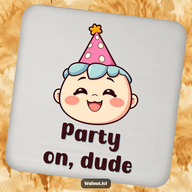 Funny drink coasters with a character wearing a party hat and a silly grin, offering humorous festive protection.