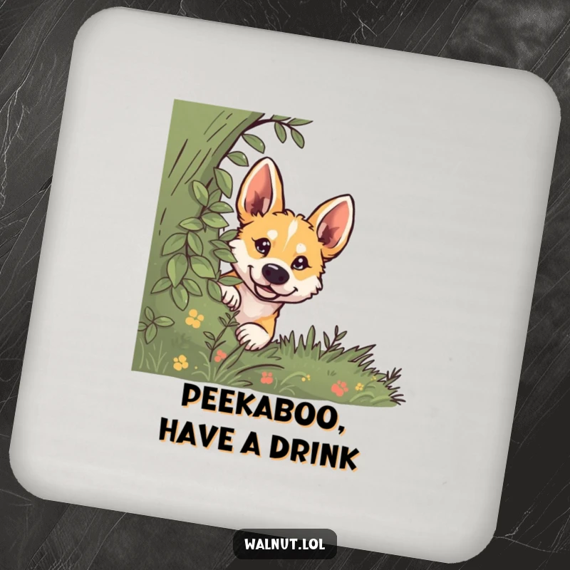 Funny dog coasters depicting a wild dog peeking from behind a bush with curiosity, protecting surfaces.