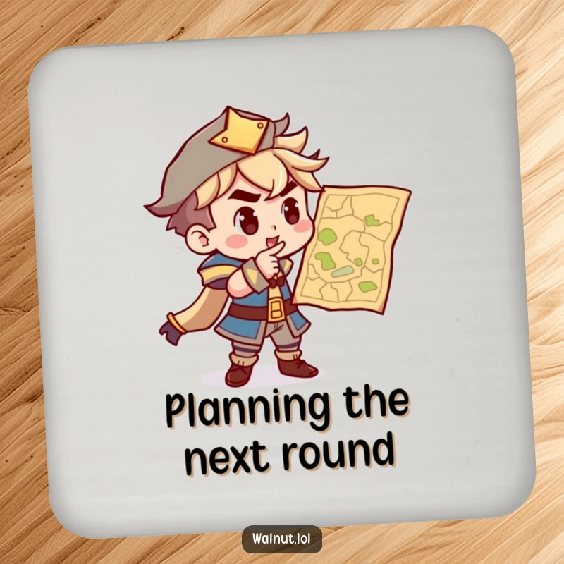 Funny drink coaster featuring a determined character pointing at a map, adding a touch of adventure and humor to protect surfaces.