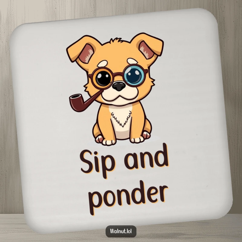 Funny drink coaster with a dog wearing a monocle and pipe, appearing deep in thought, protecting surfaces with style.