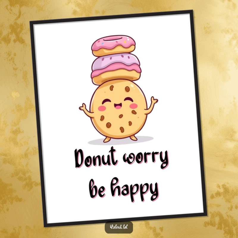 Funny giggling cookie character, balancing donuts on head, sweet treat humor, dessert wall art, happy food print.