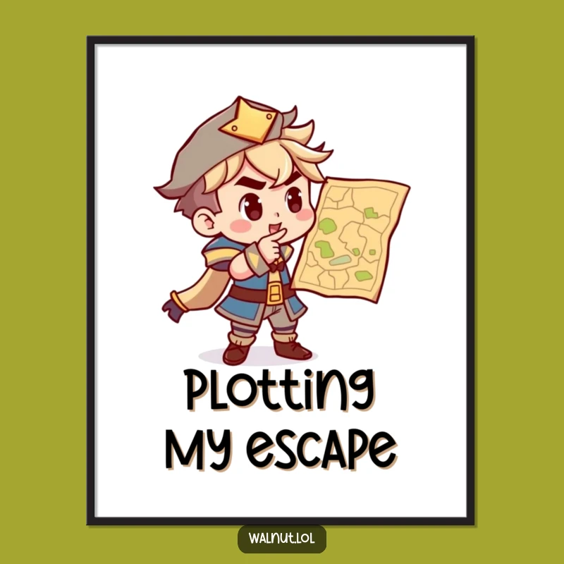 Funny Adventure Map Poster: Determined Character Plotting Course, Wall Art